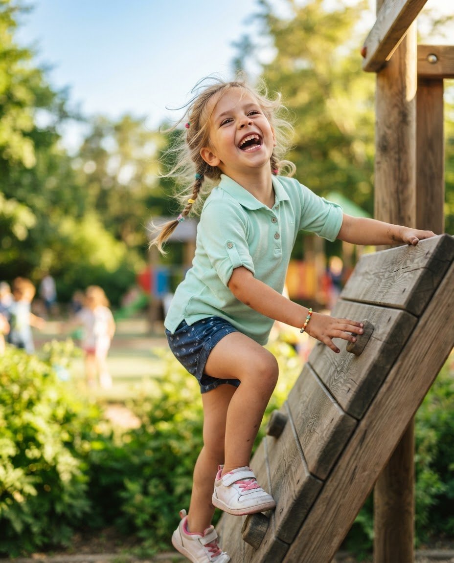 A joyful girl in a vibrant soft mint polo shirt laughing, climbing a wooden playground structure, bright natural daylight, warm sun-drenched outdoor setting, soft focus background.